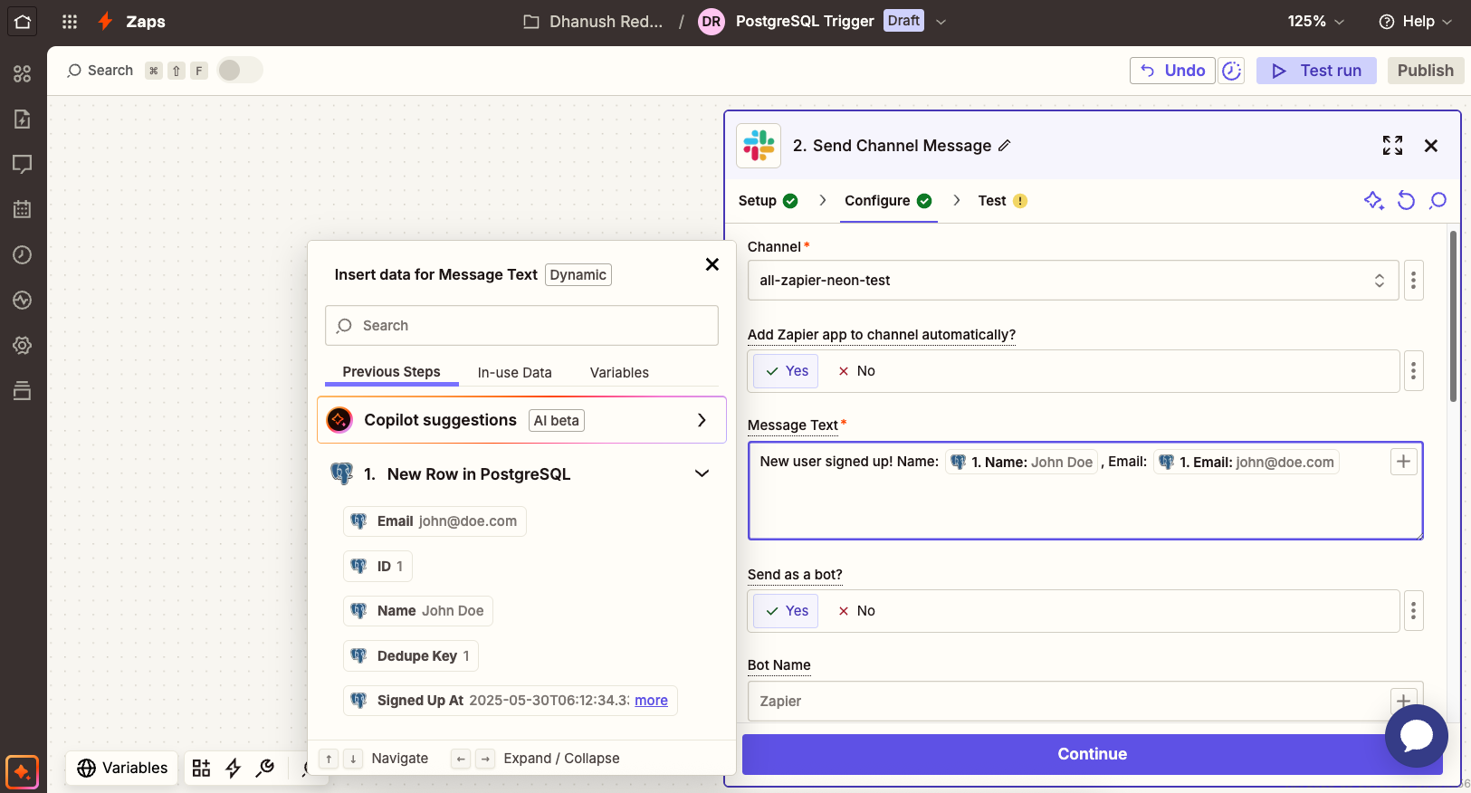Slack action setup in Zapier